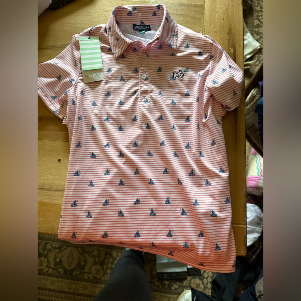 PRODOH- NWT SZ 7  Striped Kids Polo with Sailboat Pattern